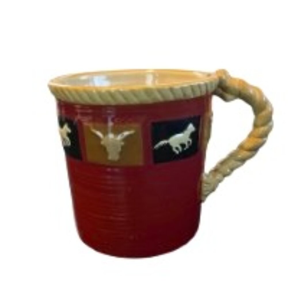 SONOMA "HAPPY TRAILS" RUSTIC WESTERN THEMED MUG- HOLDS 1 2/3" CUP OF BEVERAGE